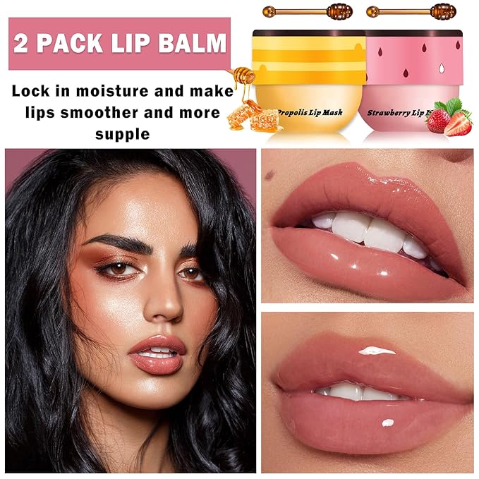 NVLEPTAP 2PCS Honey Pot Lip Balm - Moisturizing Honey & Strawberry Lip Mask Care Products with Wand