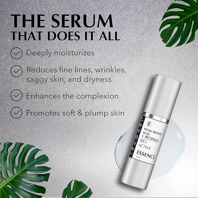 Hyaluronic Acid + Retinol Serum Bio-Active Essence, Powerful Face Moisturizer with Vitamins A, C, E and D-Panthenol, Day and Night Facial Serum, Reduces Fine Lines and Dryness, 30 ml