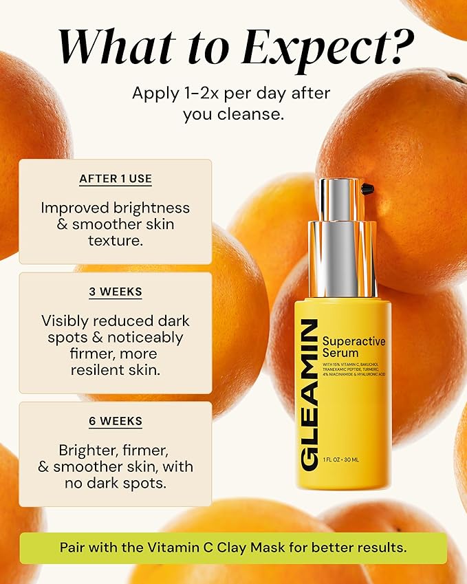 Gleamin Superactive Vitamin C Serum – 15% Vitamin C, 3% Tranexamic Acid, 4% Niacinamide & Bakuchiol – Reduces Discoloration, Uneven Tone, Brightens Skin & Smooths Texture – Fragrance-Free, 1 fl oz