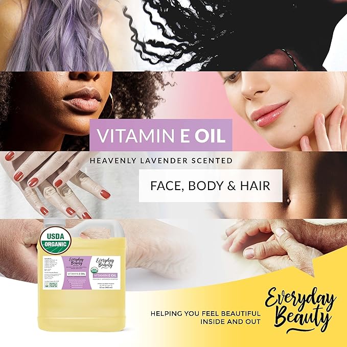 Organic Vitamin E Oil - Bulk 32 oz Heavenly Lavender Scented USDA Certified 100% All Natural Plant Based - Great for Scars After Surgery - For Face, Skin and Nails - Reduce Wrinkles, Anti Aging