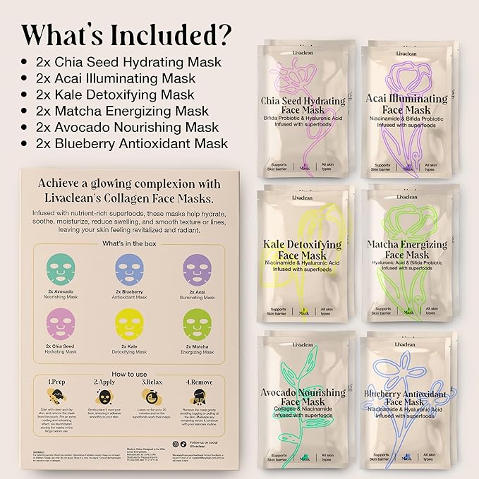 LivaClean 12 CT Face Masks Skincare - Collagen Sheet Mask - Hydrating Face Masks Bulk with Glycerin, Hyaluronic Acid, Aloe Vera - Soothing, Refreshing, Moisturizing Formula for All Skin Types