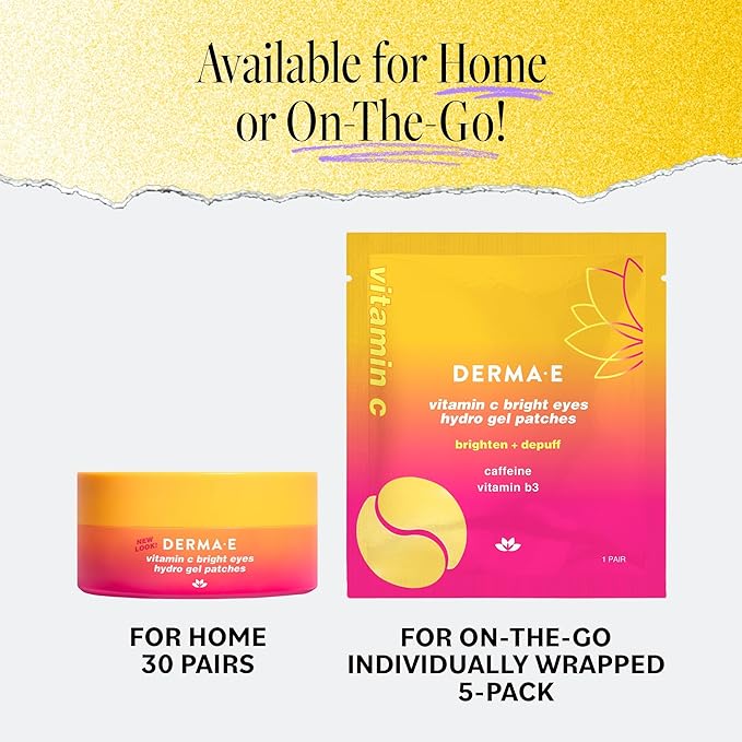 Derma E Vitamin C Bright Eyes Hydro Gel Under Eye Patches (5 Pairs), Allantoin, Caffeine & Vitamin B3, Eye Masks to Helps Reduce Fine Lines, Wrinkles, Dark Circles & Puffy Eyes,10 Ct