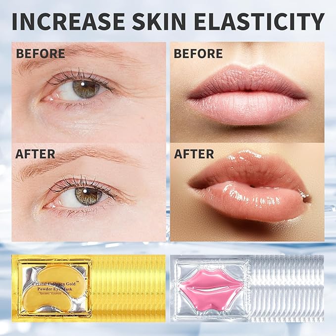 30 PCS Lip Mask Eye Mask Set Moisturizing Lip Mask for Dry Lips, 24K Gold Eye Patches for Puffy Eyes and Dark Circles