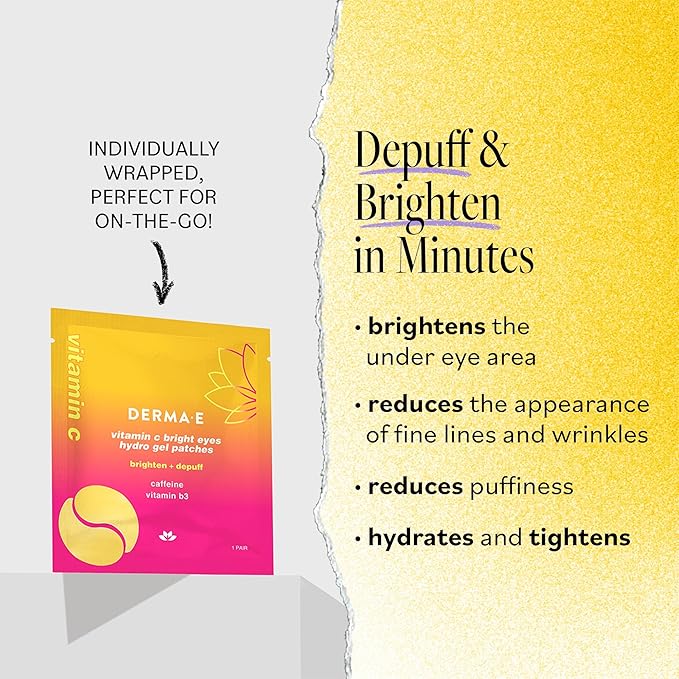 Derma E Vitamin C Bright Eyes Hydro Gel Under Eye Patches (5 Pairs), Allantoin, Caffeine & Vitamin B3, Eye Masks to Helps Reduce Fine Lines, Wrinkles, Dark Circles & Puffy Eyes,10 Ct