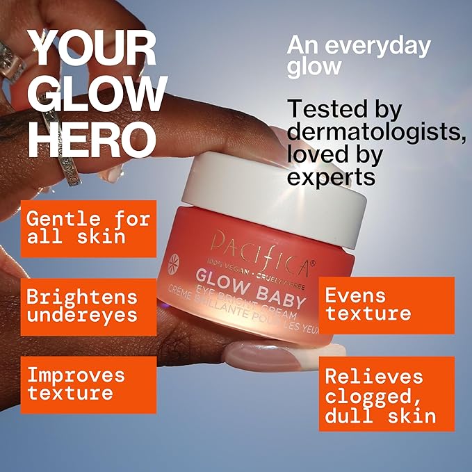 Pacifica Glow Baby Brightening Eye Cream – Vitamin C Under Eye Cream for Dark Circles & Puffiness, Caffeine-Infused Eye Brightener for Tired Eyes Fragrance-Free 0.5 oz Clean Vegan Dermatologist Tested