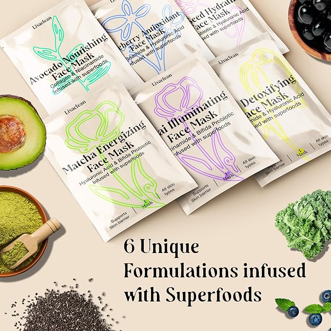 LivaClean 12 CT Face Masks Skincare - Collagen Sheet Mask - Hydrating Face Masks Bulk with Glycerin, Hyaluronic Acid, Aloe Vera - Soothing, Refreshing, Moisturizing Formula for All Skin Types