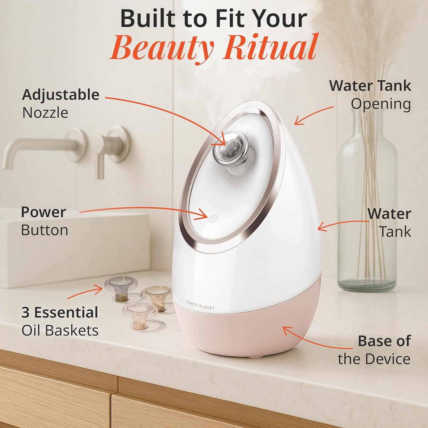 Vanity Planet Aira Ionic Facial Steamer (Rose Gold) - Pore Cleaner That Detoxifies, Cleanses and Moisturizes - Adjustable Nozzle, Water Tank with 3 Essential Oil Baskets
