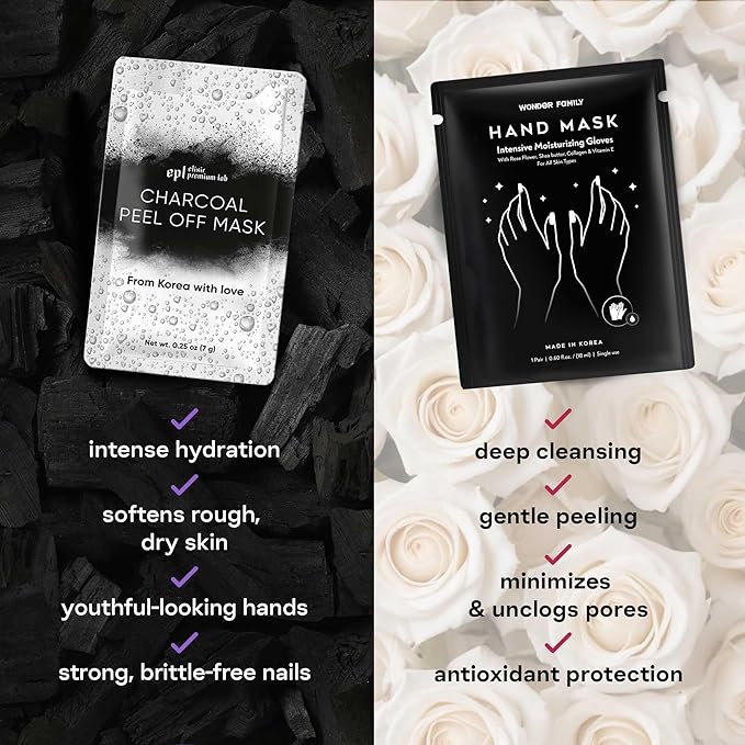 Hand Mask & Activated Charcoal Face Mask Skin Care Kit - Korean Skin Care Products Bundle for Face Skin Care & Dry Hands - Charcoal Face Mask & Hand Masks Moisturizing Glove Combo 12 pk for Spa Day
