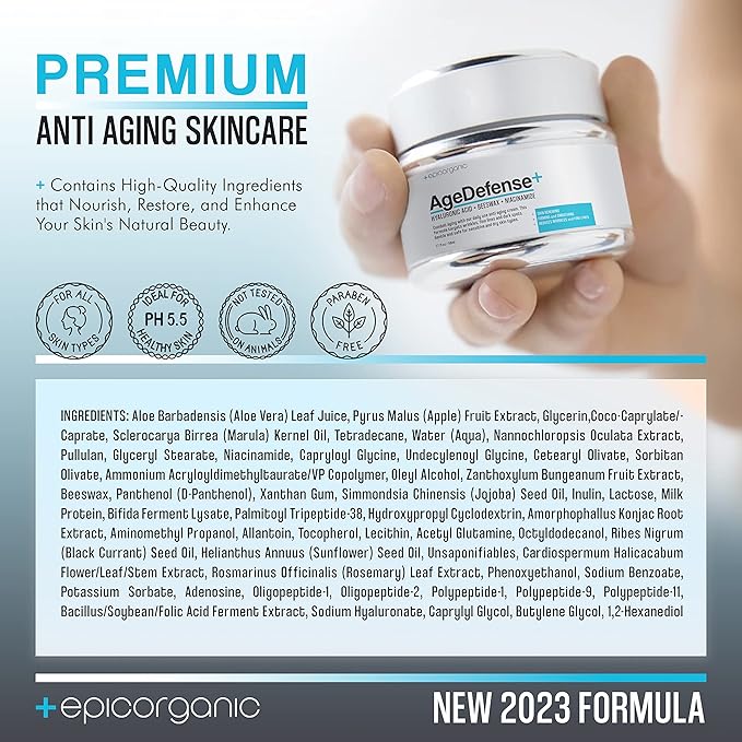 Epic Organic Age Defense | Men's Face Moisturizer | Anti-Aging Cream with Hyaluronic Acid, Collagen | Day and Night Facial Skin Care | Anti Wrinkle Face Cream | 1.7 oz