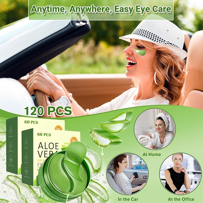Aloe Vera Eye Gel Patches 2 Pack 120 PCS, Soothing & Hydrating, Reducing Dark Circles and Puffiness, Collagen-Infused Eye Mask, Refreshing & Rejuvenating, Suitable for Both Men and Women