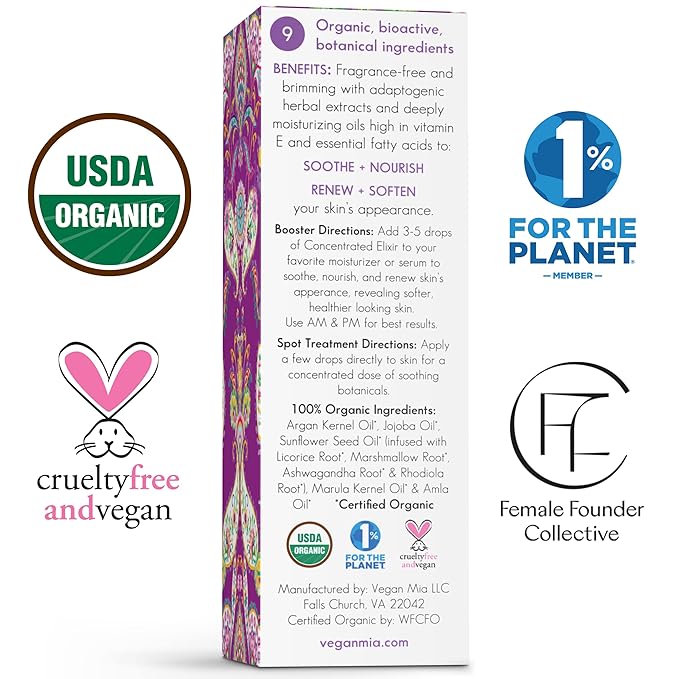 USDA Organic Harmony Adaptogen Elixir Face Oil - Face Moisturizer For Dry Skin, Blemishes, Redness & Fragrance Sensitivities - with Licorice, Ashwagandha, Rhodiola Root & More - 1 fl oz