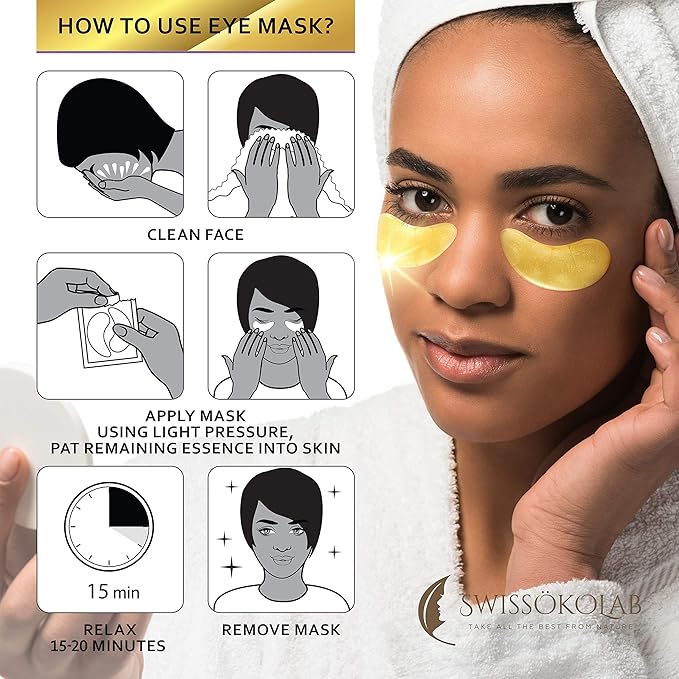SWISSÖKOLAB Under Eye Patches For Puffy Eyes 24k Gold Eye Mask For Dark Circles And Puffiness Collagen Eye Gel Pads Moisturizing & Reducing Wrinkles Anti-Aging Hyaluronic Acid