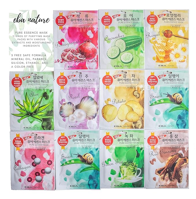 Eba nature} 44 Pcs Combo-Pack, Premium Korean Pure Essence Facial Mask Sheet (11 Types x 4 pcs), hydrating. moisturizing