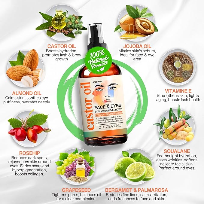 Organic Castor Oil For Face Moisturizer, Eyes, Eyelashes, Eyebrows, Wrinkles with Jojoba, Rosehip, Grapeseed, Squalane, Palmarosa, Bergamot and Vitamin E for Sensitive Skin, Men & Women 2oz