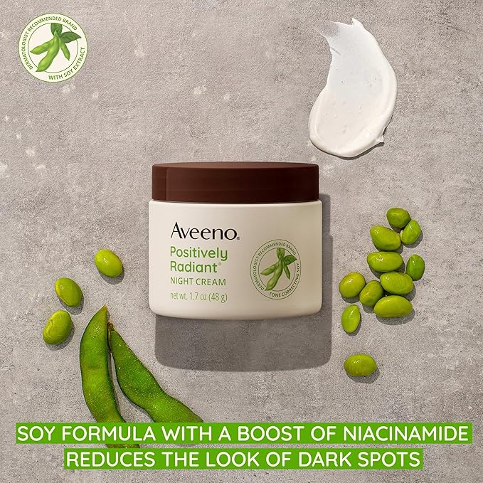 Aveeno Positively Radiant Moisturizing Face & Neck Night Cream with Tone Correcting Soy & Niacinamide, Night Cream Targets Dull Skin & Evens Skin Tone & Texture, Hypoallergenic, 1.7 oz