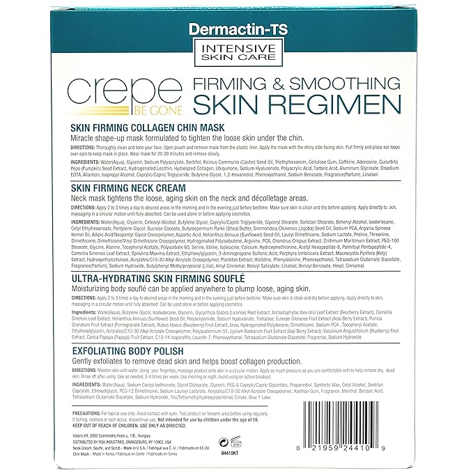 Dermactin-TS Crepe Be Gone Firming & Smoothing Skin Regimen 4-PC Set - Includes Skin Firming Neck Cream, Hydrating Skin Firming Soufle, Exfoliating Body Polish & Collagen Chin Mask