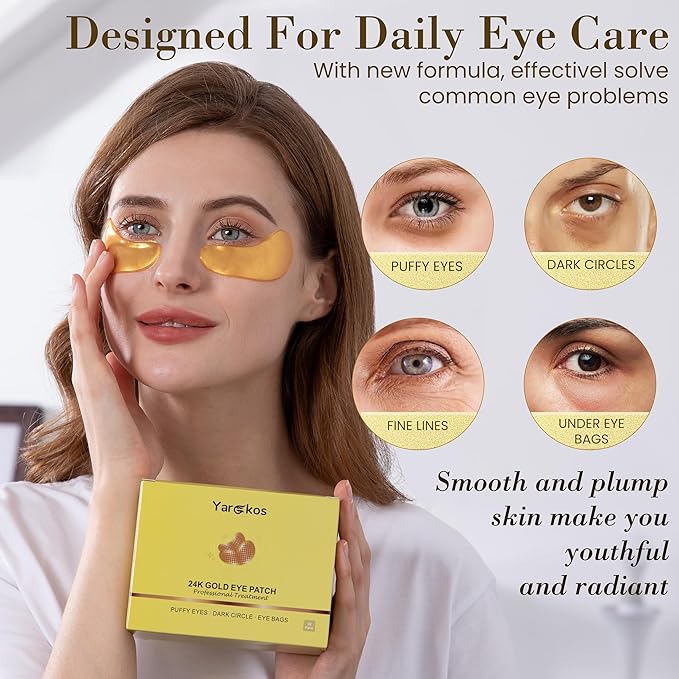 32 Pairs 24K Gold Under Eye Patches, Golden Cooling Hydrating Eye Mask for Dark Circles Puffiness Puffy Eyes, 32 Sets Anti Wrinkle Collagen Undereye Pad, Travel Beauty Skincare Face Gel