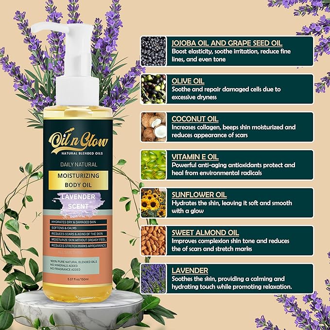100% Pure Natural Hydrating Body Oil After Shower w/Vitamin E, Coconut, Jojoba, Olive, Almond - Moisturizing Oil For Dry Skin, Non-Greasy Body Oils, Anti-Aging - Lavender Scent, 5.07 fl oz