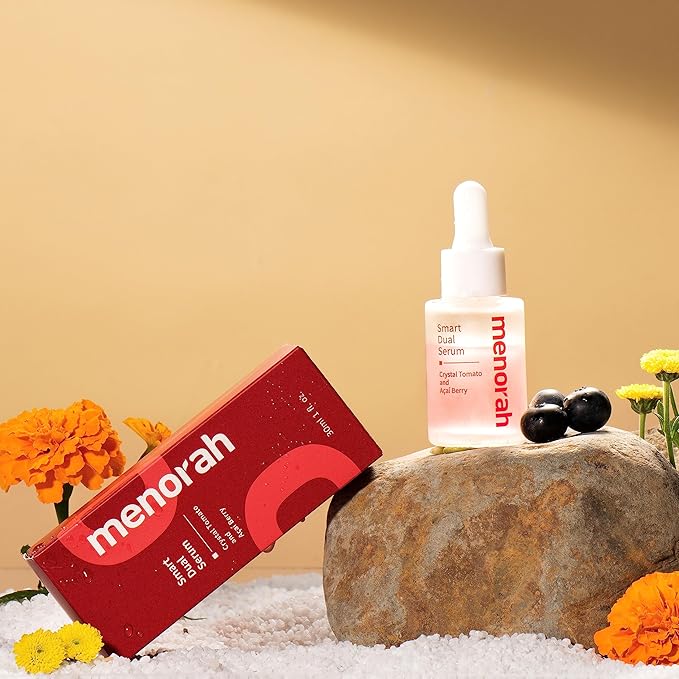 menorah skincare - Smart Dual Serum - with Crystal Tomato and Acai Berry, Anti-Aging Face Serum with Vitamin C+E, Natural Coconut & Palm Oils, Glow & Hydration Booster, Oil-Infused Formula