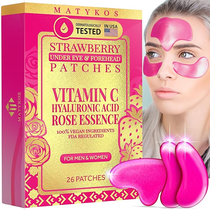 Forehead and Under Eye Wrinkle Patches for Face - Collagen, Hyaluronic Acid and Vitamin A Skin Pads - Forehead Line Remover Wrinkle Eye Patch Set - 26 Strawberry Sachets
