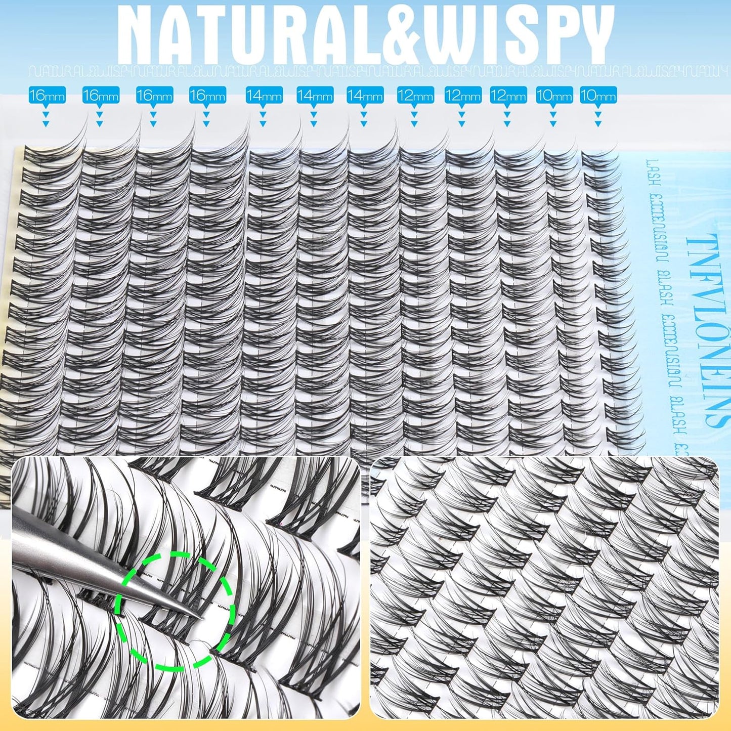 TNFVLONEINS Wispy Lash Clusters Kit Natural Lash Extension Kit C curl Eyelash Extension Kit Short Cluster Eyelash Extensions Soft Individual Lashes Kit Eyelash Clusters with Bond and Seal and Tweezers