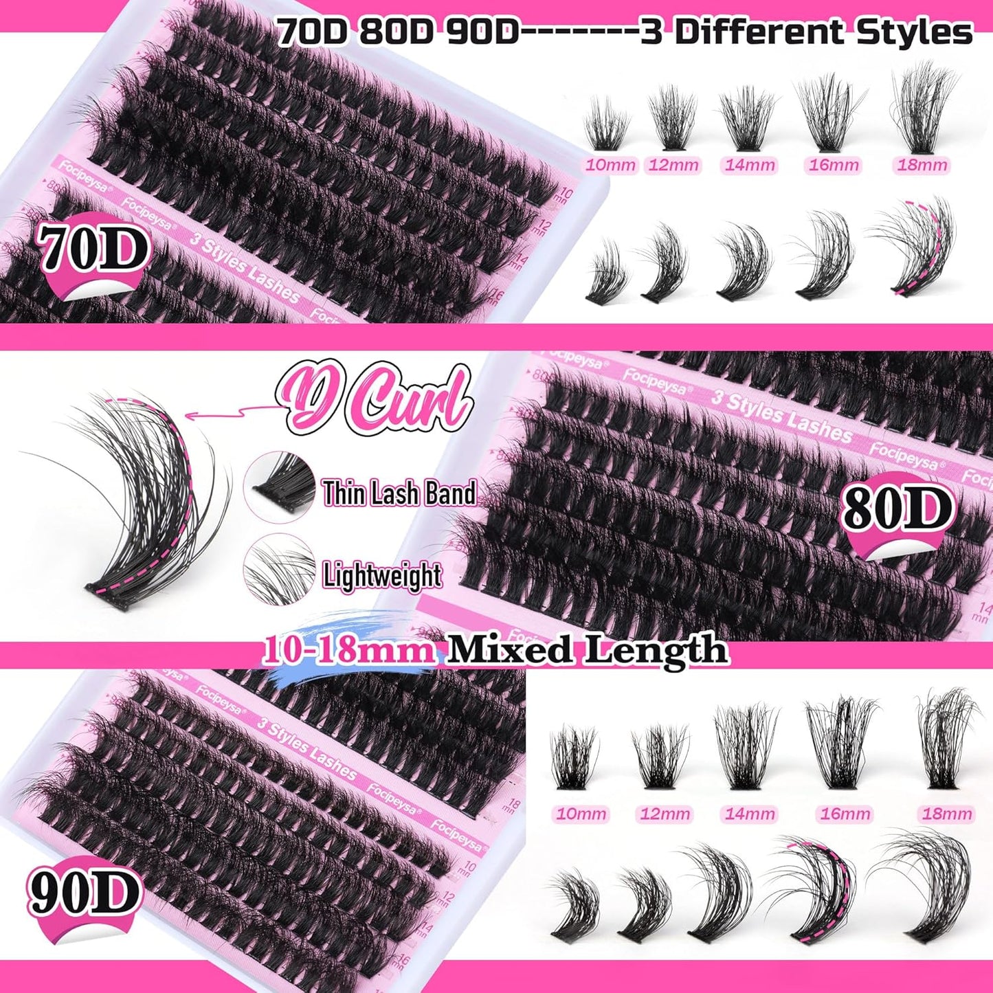 Focipeysa Full Volume Lash Extension Kit 70D 80D 90D Thick Lash Extension Kit 10-18mm Wispy Lash Clusters Individual Lashes Kit with Lash Bond and Seal for DIY Lash Extension at Home