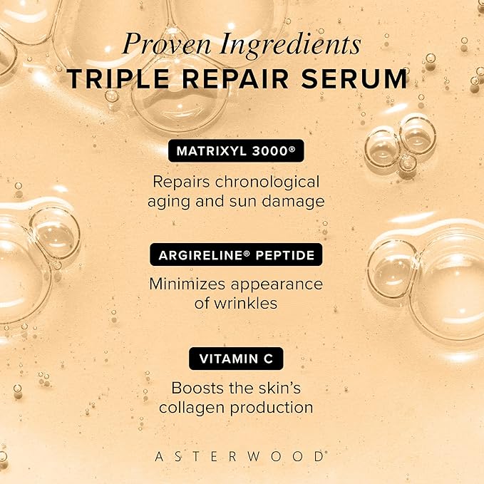 Asterwood Triple Repair Matrixyl 3000 + Argireline + Hyaluronic Acid + Vitamin C Serum for Face - Anti-Aging, Collagen Boosting, Hydrating - Fragrance-Free - 2 Fl Oz