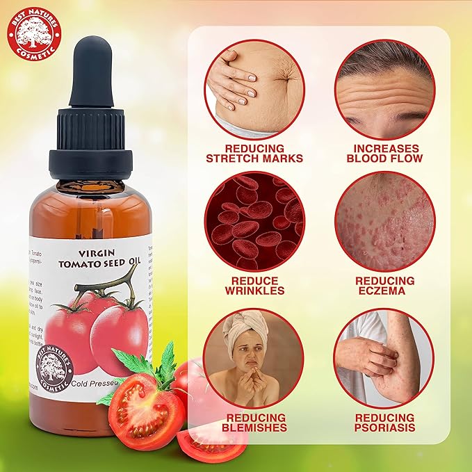 Best Nature's Tomato Seed Oil (Cold Pressed, Unrefined) - 2 oz - Natural Skin Care Moisturizer for Face, Body, Dry, Damaged Hair - Soothes Eczema, Psoriasis, Acne, Reduce Discoloration