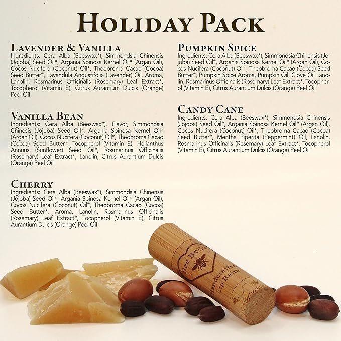 Bee Bella Lip Balm Holiday Gift Box, Cherry, Lavender Vanilla, Vanilla Bean, Pumpkin Spice, Candy Cane, 5 Pack, Easter Basket Gift, Organic Beeswax with Vitamin E, Handmade in USA