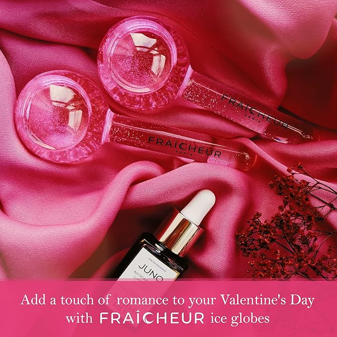 FRAÎCHEUR ICE Globes | Frozen Cryo Roller for Cold Facial Massage | Skincare Cooling Glass Massager with Anti-Freeze Liquid Inside | Reduce Puffiness, Pores (Pink with Glitters)
