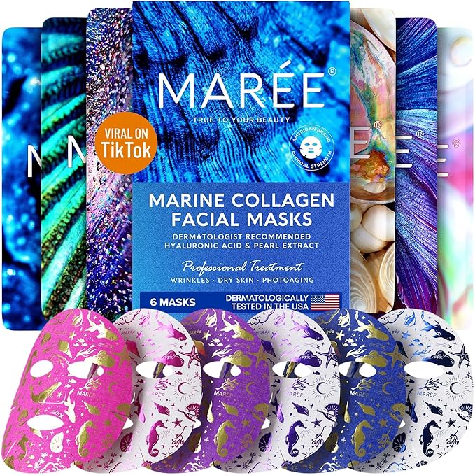 MAREE Collagen Facial Mask with Hyaluronic Acid - Sheet Face Masks Skincare with Green & Red Algae Extract - Hydrating Mascarillas Faciales For Women Skin Care | Facial Mask