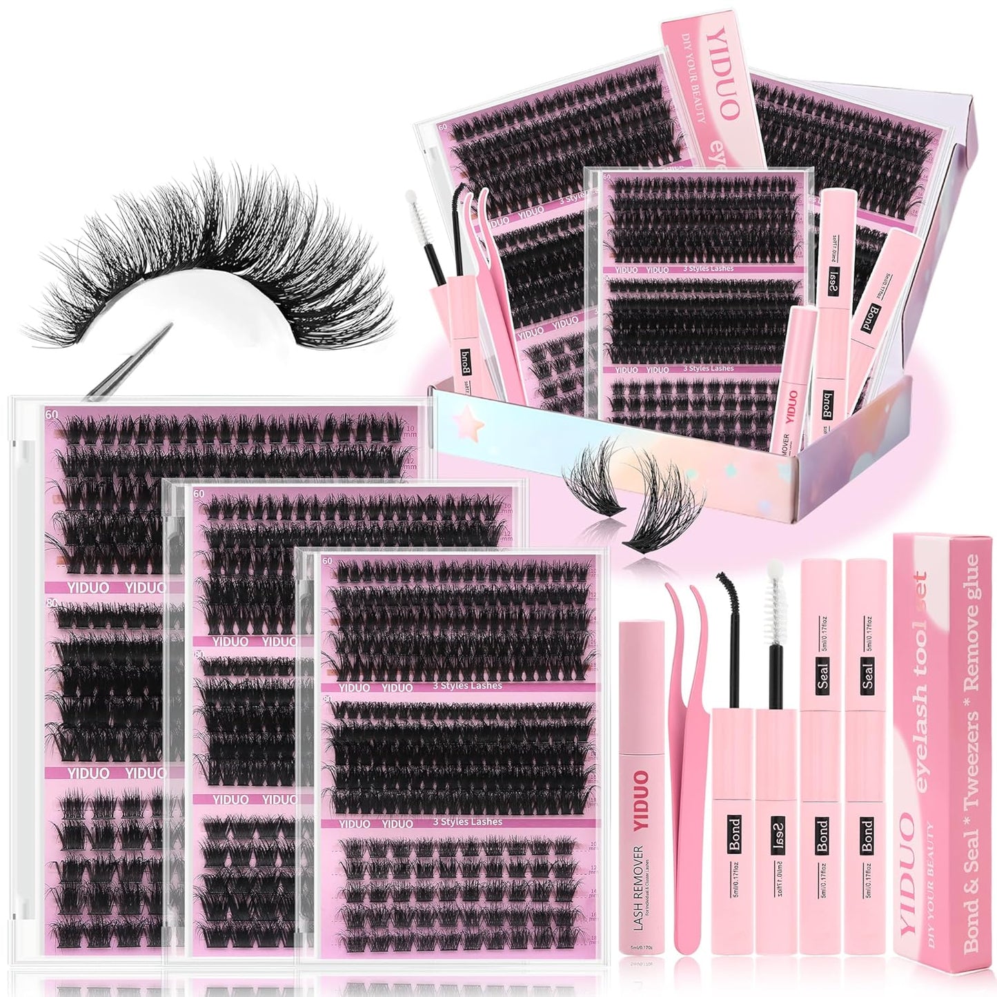 Volume Lashes Clusters Lash Kit Gift Packs 770Pcs with 2X Bond&Seal 5 style Mixed C-Curl False Eyelashes Extensions Faux Mink Individual Lash Wholesale Pack DIY Individual Fake Eyelashes Box