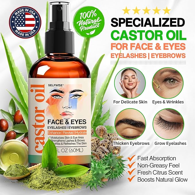Organic Castor Oil For Face Moisturizer, Eyes, Eyelashes, Eyebrows, Wrinkles with Jojoba, Rosehip, Grapeseed, Squalane, Palmarosa, Bergamot and Vitamin E for Sensitive Skin, Men & Women 2oz