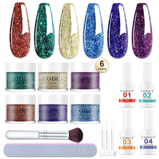 12 Pcs Dip Powder Nail Kit Starter, 6 Colors Glitter Blue Starry Green Sparkle Purple Dipping Powder Kit with Base & Top Coat, Nail Art Dip Manicure Kits for Women