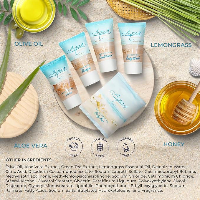 1-Shoppe Aqua Organics Amenity Kit | Boxed Hotel Toiletries Bulk Set | 1 oz Shampoo, Conditioner, Lotion, Body Wash & Bar Soap | 75 Sets per Case