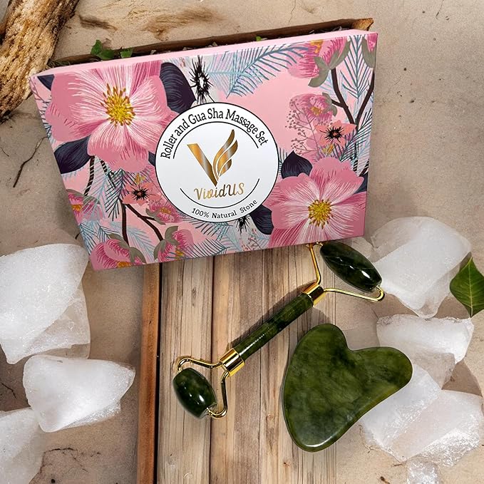 VIVIDUS Gua Sha and Jade Roller Set for Facial Massage, Improve Wrinkles, Reduce Puffiness and Redness, Gua Sha Stone Self Care Gift Set for Women Men (Green)