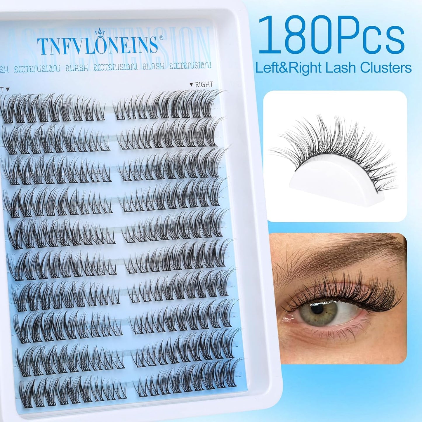TNFVLONEINS Wispy Lash Extension Kit Left&Right Eyelash Extension Kit Natural Lash Clusters Kit 180Pcs Cluster Eyelash Extensions Kit C Curl Individual Lashes with Bond and Seal and Tweezers