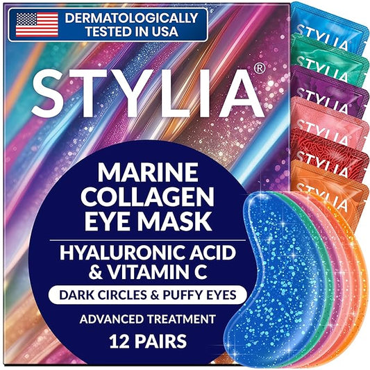 Stylia Under Eye Patches for Puffy Eyes and Dark Circles (12 Pairs) - Marine Collagen Under Eye Mask with Vitamin C, Hyaluronic Acid, Pearl Extract - Eye Masks for Dark Circles and Puffiness