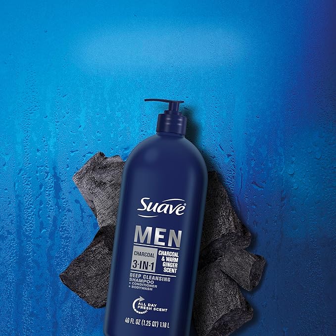 Suave Men Shampoo Conditioner Bodywash 3 in 1 Charcoal &Warm Ginger to Cleanse and Nourish Hair and Skin, 40 oz Pack of 3