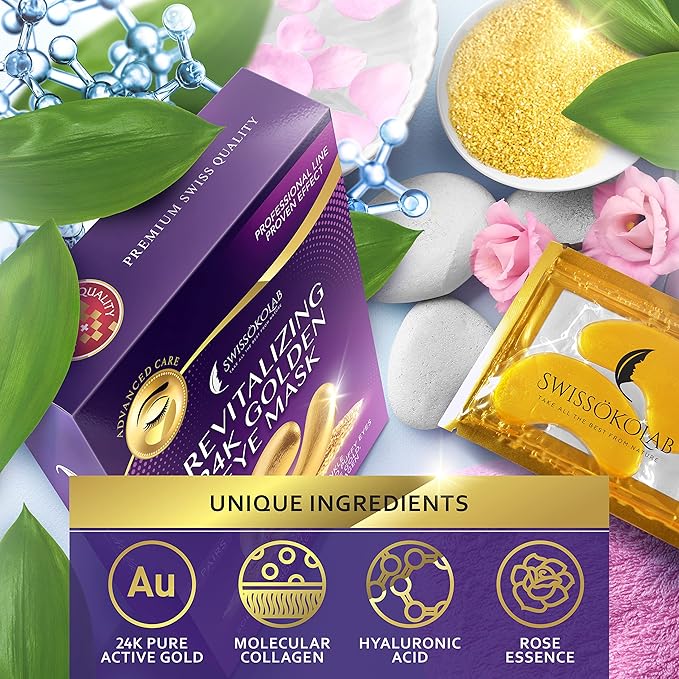 SWISSÖKOLAB Under Eye Patches For Puffy Eyes 24k Gold Eye Mask Dark Circles And Puffiness Collagen Eye Gel Pads Moisturizing & Reducing Wrinkles Anti-Aging Hyaluronic Acid (Revitalising)