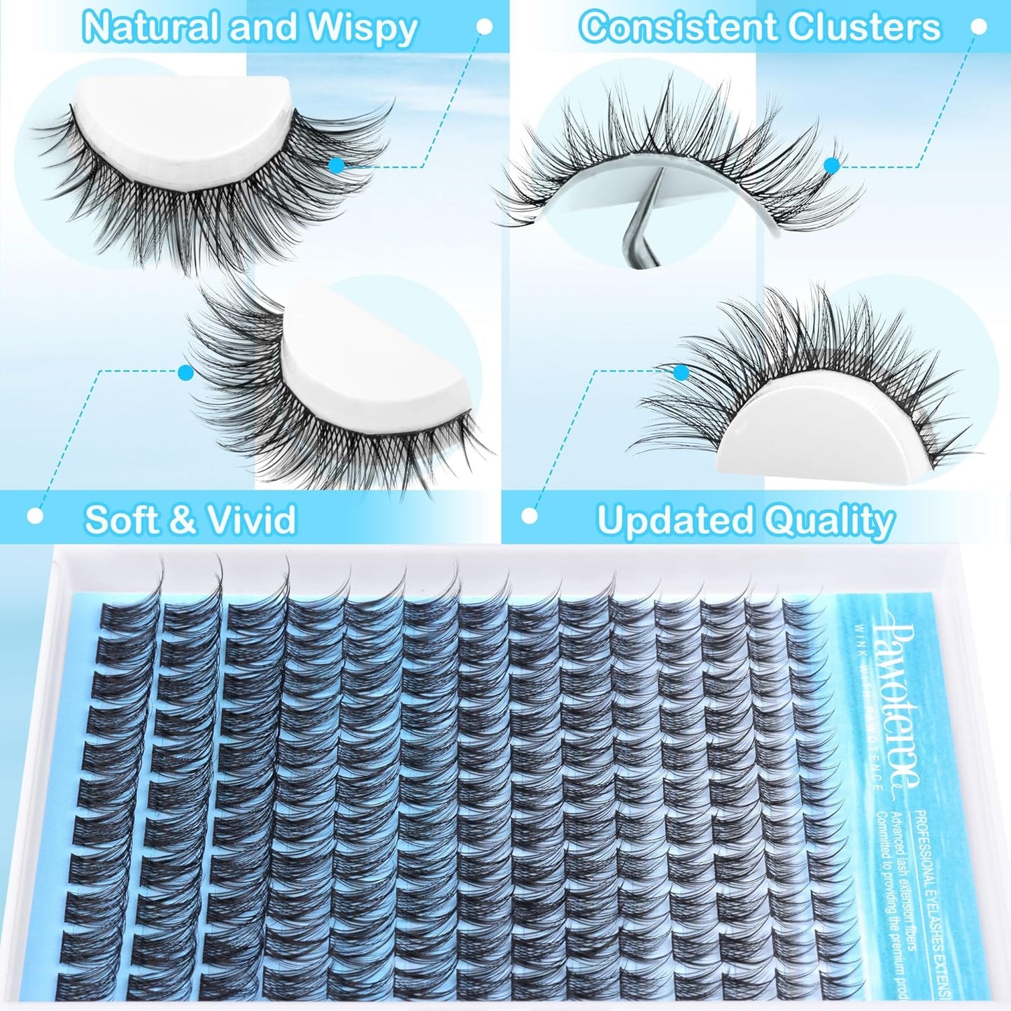 Pawotence Wispy Lash Clusters Natural Cluster Eyelash Extensions 154pcs Individual Lashes 8-16mm Cluster Lashes Extension DIY False Eyelashes Soft Comfortable Natural Eyelash Clusters with Thin Band