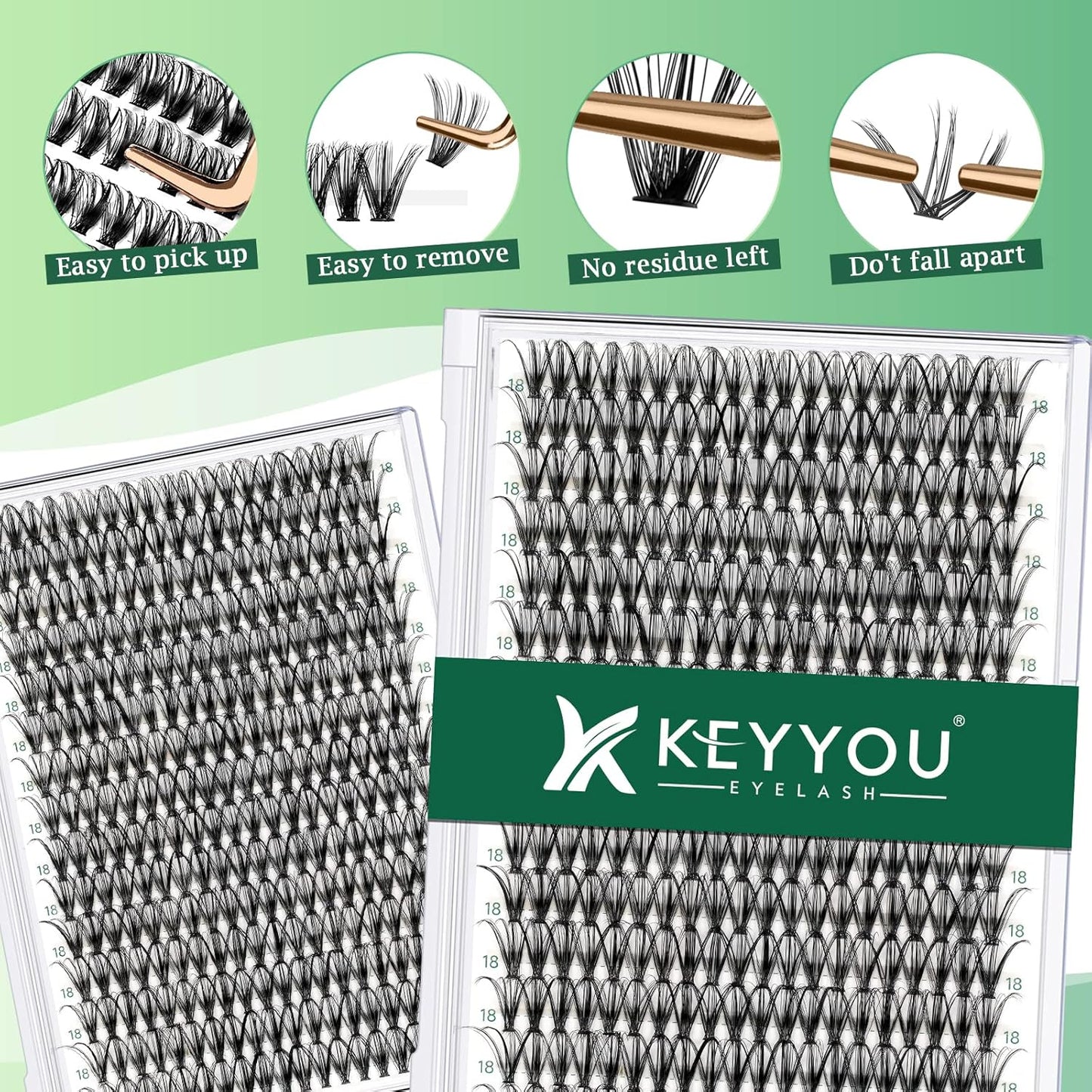 Lash Clusters 300pcs Individual Lashes 30D 0.07D Curl 18mm DIY Eyelash Extension KEYYOU Large Tray Volume Soft&Natural Cluster Lashes(30D-0.07D,18）